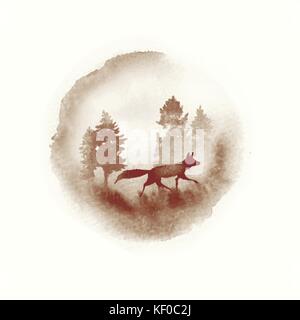 A walking fox in a Autumn watercolor scene. Vector illustration. Stock Vector