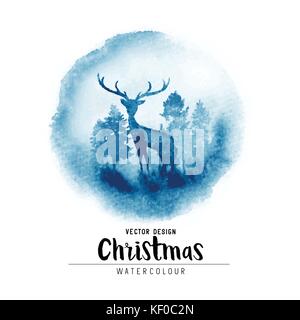 A winter Christmas watercolor scene with christmas trees and a stag. Vector xmas decoration illustration. Stock Vector