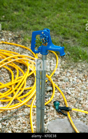 Freestanding garden tap with blue faucet and coiled yellow hosepipe lying on the ground below it Stock Photo