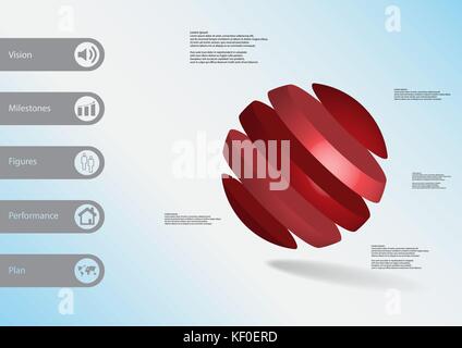 3D illustration infographic template with motif of ball askew divided to five red slices with simple sign and text on side in bars. Light blue gradien Stock Vector