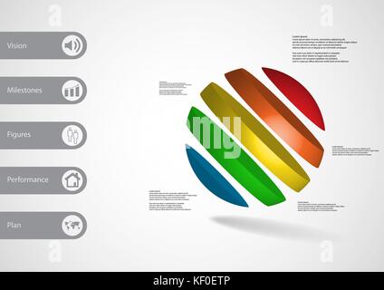 3D illustration infographic template with motif of ball askew divided to five color slices with simple sign and text on side in bars. Light grey gradi Stock Vector