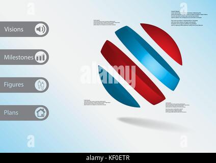 3D illustration infographic template with motif of ball askew divided to four color slices with simple sign and text on side in bars. Light blue gradi Stock Vector