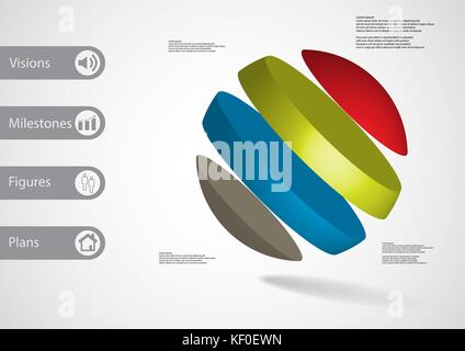 3D illustration infographic template with motif of ball askew divided to four color slices with simple sign and text on side in bars. Light grey gradi Stock Vector