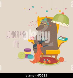 Funny bear knitting scarf Stock Vector