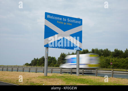 Welcome to Scotland sign on the A1 at the border between England and Scotland. Stock Photo