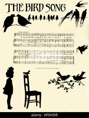 Cecil J. Sharp 's 'The Bird Song' from 'Nursery Songs from the Appalachian Mountains', illustrated by Esther Mackinnon. Score and silhouette illustrations.  Published by Novello & Co., London, 1921. English editor and collector of folksongs, 22 November 1859 - 28 June 1924. Stock Photo