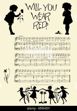 Cecil J. Sharp 's 'Will You Wear Red?' from 'Nursery Songs from the Appalachian Mountains', illustrated by Esther Mackinnon. Score and silhouette illustrations.  Published by Novello & Co., London, 1921. English editor and collector of folksongs, 22 November 1859 - 28 June 1924. Stock Photo