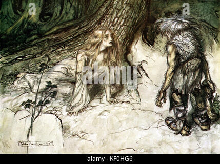 Siegfried by Richard Wagner. The dwarf Mime finds Sieglinde in the forest.  Illustration by Arthur Rackham 1867 - 1939.  Caption:  'Mime finds the mother of Siegfried in the forest' Act 1.  From 'The Ring Cycle' / 'Der Ring des Nibelungen'.  RW German composer & author, 22 May 1813 - 13 February 1883. Stock Photo