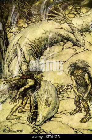 Siegfried by Richard Wagner. Alberich, king of the Nibelung race, and his brother Mime quarrel.  Illustration by Arthur Rackham 1867 - 1939.  Caption:  'The dwarfs quareling over the body of Fafner' Act 2.   From 'The Ring Cycle' / 'Der Ring des Nibelungen'.  RW German composer & author, 22 May 1813 - 13 February 1883. Stock Photo