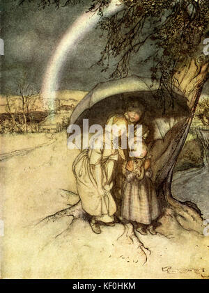 Rain, rain go to Spain, nursery rhyme.  Illustration  by Arthur Rackham.  English book illustrator 19 September 1867 – 6 September 1939. (Children huddle under and umbrella) Stock Photo