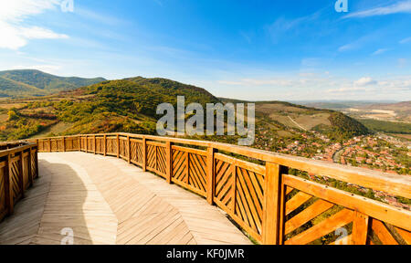 brown wood bridge on mountain castle Stock Photo