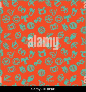 Green outline of summer items icon vector pattern on orange background Stock Vector
