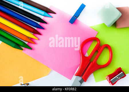 School supplies isolated on white background. Back to school concept. Stock Photo