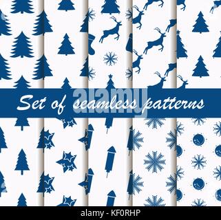 Set of Christmas seamless patterns with fir-trees, deer and celebratory symbols. Ten winter backgrounds. Vector illustration Stock Vector