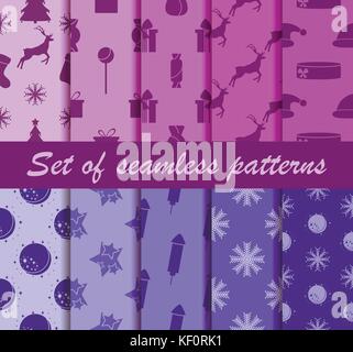Set of Christmas seamless patterns with fir-trees, deer and celebratory symbols. Ten winter backgrounds. Vector illustration Stock Vector