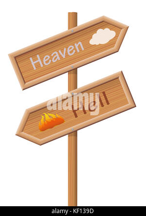 Heaven or hell - two sign posts pointing in opposite directions, one upwards to paradise the other one downwards for the the bad, evil, wicked ones. Stock Photo