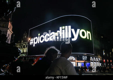 London UK 24th October 2017. The  world-famous Piccadilly Lights will be switched back on, after undergoing a nine month renovation work.  The new giant advertising  screen will become  by the  largest single digital, ultra-high definition curved screen measuring 8,500 sq ft (790 sq m) in Europe Stock Photo