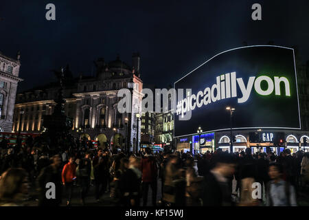 London UK 24th October 2017. The  world-famous Piccadilly Lights will be switched back on, after undergoing a nine month renovation work.  The new giant advertising  screen will become  by the  largest single digital, ultra-high definition curved screen measuring 8,500 sq ft (790 sq m) in Europe Stock Photo