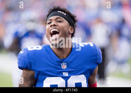 New York Giants cornerback Donte' Deayon (38) and Dallas Cowboys linebacker  Leighton Vander Esch (55) talk after the game on Sunday, Sept. 16, 2018, at  AT&T Stadium in Arlington, Texas. (Photo by