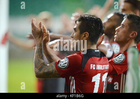 Furth, Germany. 24th Oct, 2017. Ingolstadt's Dario Lezcano cheers for their loyal fans after the 1-3 DFB Cup soccer match between SpVgg Greuther Furth and FC Ingolstadt 04 in the Ronhof Sport Park in Furth, Germany, 24 October 2017. Credit: Timm Schamberger/dpa/Alamy Live News Stock Photo
