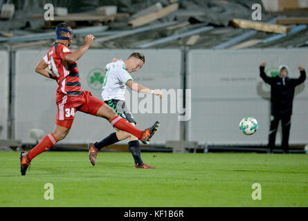 Furth, Germany. 24th Oct, 2017. Furth's David Raum (R) scores 1-0 next to Ingolstadt's Marvin Matip during the DFB Cup soccer match between SpVgg Greuther Furth and FC Ingolstadt 04 in the Ronhof Sport Park in Furth, Germany, 24 October 2017. Credit: Timm Schamberger/dpa/Alamy Live News Stock Photo