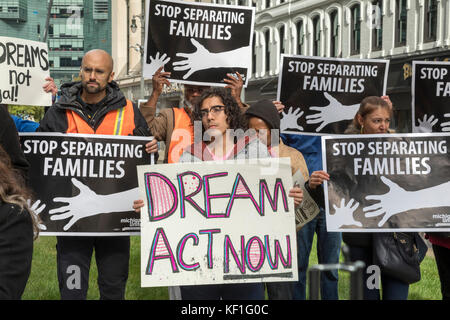 Detroit, Michigan, USA. 25th Oct, 2017. Immigrants and supporters rally for the 2017 Dream Act, which would allow undocumented immigrants brought to the U.S. as children to stay without fear of deportation. A new effort to enact the DREAM Act began after President Trump cancelled President Obama's Deferred Action for Childhood Arrivals program. Credit: Jim West/Alamy Live News Stock Photo