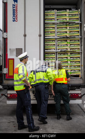 Police and customs officers inspecting the loading of a trailer truck from Turkey during a large-scale operation along Autobahn 6 (A6)near Bad Rappenau, Germany, 25 October 2017. The focus of the operation were drug related crimes, smuggling and the general condition of the vehicles. (The licence plates were made unrecognisable due to personal privacy concerns) Photo: Christoph Schmidt/dpa Stock Photo