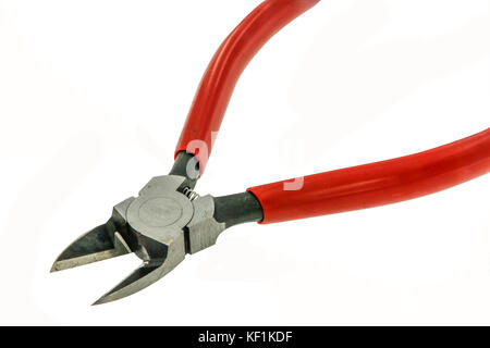 Close up red handle cutting pliers isolate,white bacground. Stock Photo