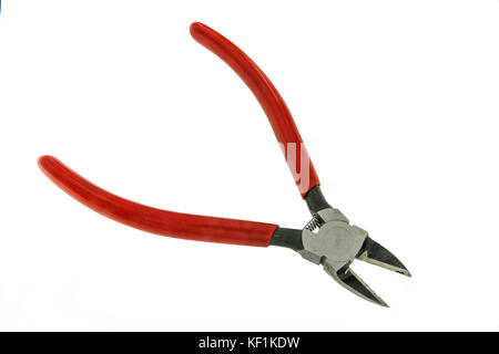 Close up red handle cutting pliers isolate,white bacground. Stock Photo