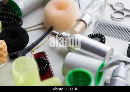 hair styling sprays, curlers and pins Stock Photo