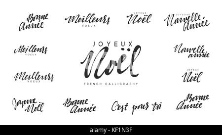 French Lettering Joyeux Noel Meilleurs Voeux Bonne Annee Merry Christmas And Happy New Year White Text Calligraphy Stock Vector Image Art Alamy