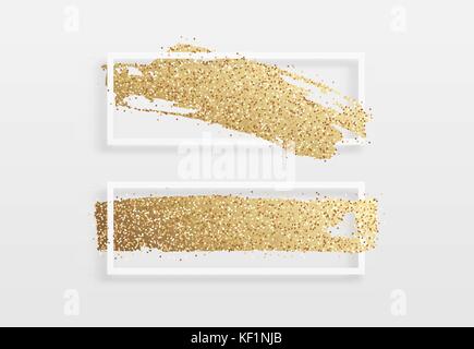 Brush golden stroke texture in a frame. Brush gold watercolor background. Stock Vector