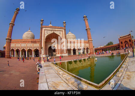 DELHI, INDIA - SEPTEMBER 27, 2017: Unidentified people walking near of the artificial pond in front of a beautiful Jama Masjid temple, this is the largest muslim mosque in India. Delhi, India, fish eye effect Stock Photo
