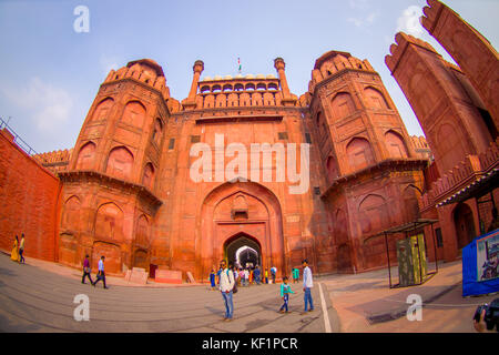 DELHI, INDIA - SEPTEMBER 25 2017: Beautiful view and unidentified people at the enter of the detail Red Fort in Delhi, India Stock Photo