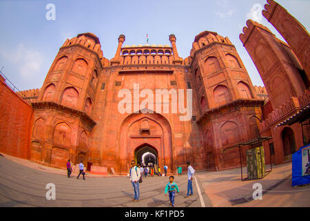 DELHI, INDIA - SEPTEMBER 25 2017: Beautiful view and unidentified people at the enter of the detail Red Fort in Delhi, India Stock Photo