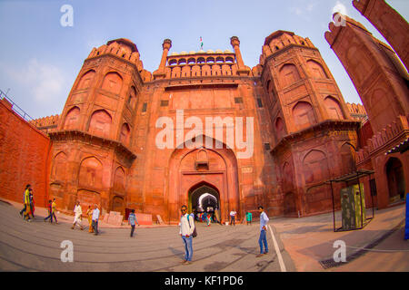 DELHI, INDIA - SEPTEMBER 25 2017: Beautiful view and unidentified people at the enter of the detail Red Fort in Delhi, India Stock Photo