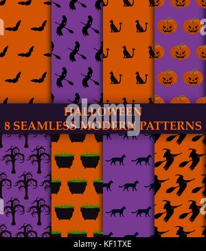 Halloween party. 8 seamless modern patterns Stock Vector