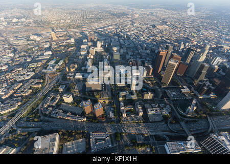 Smoggy summer afternoon aerial view of downtown Los Angeles Civic Center and Bunker Hill in Southern California. Stock Photo