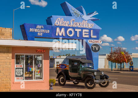 Blue Swallow Motel on Route 66 with 1929 Ford Model A pickup truck in Tucumcari, New Mexico, USA. Stock Photo