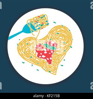 illustration of spaghetti in the form of a heart with a sauce and fork. Icon in the linear style Stock Vector