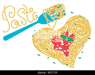 banner about pasta, Italian cuisine, heart-shaped with a fork on the inscription in the form of spaghetti. Icon in the flat style Stock Vector