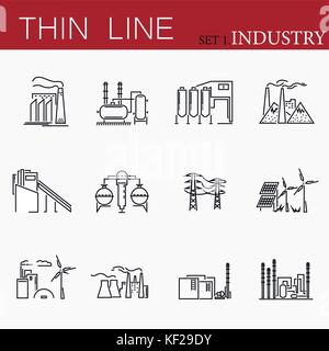 Set of factories related vector line icons. Stock Vector