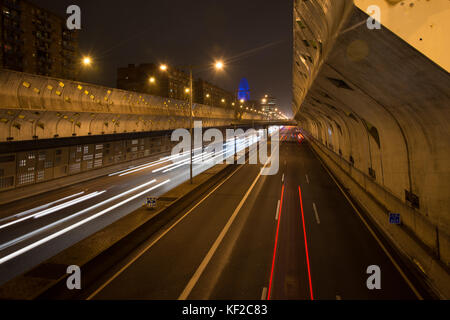 A long exposure of cars travelling up and down Gran Via de les Corts Catalanes in Barcelona at night. Stock Photo