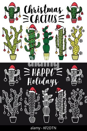 Cactus Christmas trees with Santa hat and Xmas decoration, set of vector design elements Stock Vector