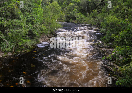 Summer view of the fast flowing rapids in the rocky gorge of the River Moriston near Invermoriston in the Scottish Highlands close to Fort Augustus Stock Photo