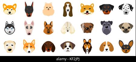 Set Heads of Dogs, Collection Different Breeds of Canines, Isolated on White Background Stock Vector