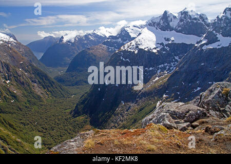 View to Milford Sound from Gertrude Saddle in Fiordland National Park Stock Photo