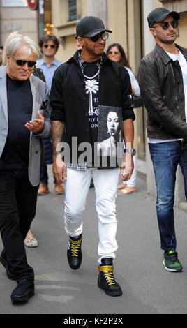Lewis Hamilton leaves Giuseppe Zanotti's boutique wearing a pair of wearing  Off-White c/o Virgil Abloh sneakers in Milan Featuring: Lewis Hamilton  Where: Milan, Italy When: 23 Sep 2017 Credit: IPA/WENN.com **Only available