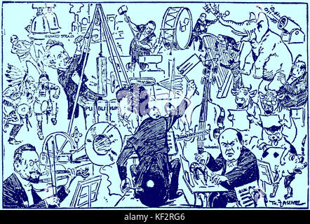 Gustav Mahler in caricature by Theo Zasche. 'The Modern Orchestra'. Austrian composer, 1860-1911.  Mahler, sitting on bomb, conducts with a rattle, Schoenberg works at a sewing machine, Strauss drops a heavy weight on the public, Arnold Rose (Mahler's brother-in-law) plays a double violin with two bows. 1st pub. 'Illustrierten Wierner Extrablatt', 31st March 1907. Stock Photo