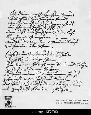 Handwritten poem by Johann Sebastian Bach to his bride. German composer & organist, 21 March 1685 - 28 July 1750 Stock Photo